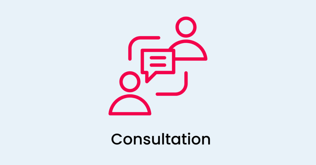 Image with at the top a red icon of two people and underneath the title Consultation